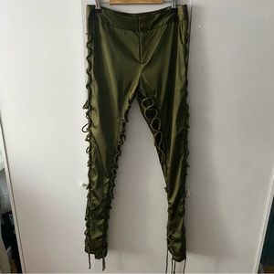 Olive satin pant with lace up detail on the side